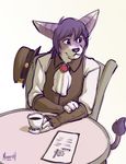  2010 anthro black_nose chair clothed clothing coffee cup fur hair hat lombax male meesh paper plain_background purple_fur purple_hair ratchet_and_clank simple_background sitting solo steampunk table white_background white_fur 