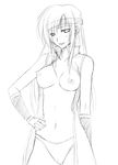  breasts faris_scherwiz final_fantasy final_fantasy_v greyscale hand_on_hip ichimedoo long_hair looking_at_viewer medium_breasts monochrome nipples no_bra open_clothes open_shirt panties shirt simple_background solo underwear white_background 