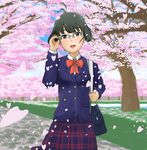  1boy 1girl akizuki_ryou antenna_hair artist_request bag bow bowtie cherry_blossoms crossdressing glasses idolmaster male male_focus montekunisuto_(taihou) plaid plaid_skirt school_bag school_uniform short_hair shoulder_bag skirt smile solo trap 