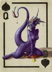  &#9824; breasts card dragon female horn invalid_tag mickey_the_retriever nipples nude playing_card playingcard pussy queen_of_spades red_pillow scalie spades violet_skin 