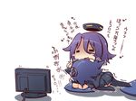  =_= blue_hair blush_stickers chibi cushion hand_on_head headgear holding_hands kantai_collection lap_pillow mechanical_halo multiple_girls open_mouth purple_hair reku scared school_uniform sitting skirt tatsuta_(kantai_collection) television tenryuu_(kantai_collection) thighhighs translated trembling 