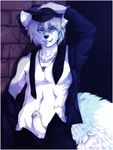  akaro anthro balls biceps blue_eyes blue_fur clothing ear_piercing erection facial_piercing fluffy fur grey_fur grey_hair grin hair lukiro lukiro_(artist) male mammal muscles necklace necktie ookami-kun open_shirt pecs penis piercing police pose presenting public purple_eyes raccoon shirt solo white_fur 