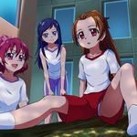  :d aida_mana bad_id bad_pixiv_id bike_shorts blue_eyes blue_hair brown_hair collarbone dappled_sunlight dokidoki!_precure eyelashes gym_shorts gym_uniform half_updo hands_on_own_knees highres hishikawa_rikka long_hair madoka_aguri mont_blanc_(heartcatch_ayaya) multiple_girls open_mouth outstretched_leg panties pantyshot pantyshot_(sitting) pink_eyes pink_hair precure red_eyes short_hair shorts sitting sleeves_rolled_up smile sunlight underwear upshorts window 