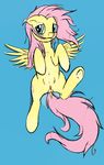  blue_eyes blush cutie_mark equine female feral fluttershy_(mlp) friendship_is_magic fur hair hieronymuswhite horse lying mammal my_little_pony on_back pegasus pink_hair pony pussy solo teats wings yellow_fur 