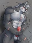  abs anthro balls beefcake biceps big_muscles big_penis black_nose blush canine chest_tuft clenched_teeth cum cum_on_hand cum_on_penis cum_string cumshot drooling erection fangs fur grey_fur grey_hair hair humanoid_penis kadzu leaking male mammal masturbation muscles nude orgasm pecs penis pose presenting red_eyes red_penis saliva saliva_string scar sheath solo standing teeth toned tuft vein wolf 