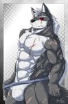  abs abstract_background anthro beefcake biceps big_muscles black_nose bulge canine chest_tuft fur grey_fur grey_hair hair jockstrap kadzu male mammal muscles one_eye_closed pecs pose red_eyes scar solo standing toned topless tuft underwear wink wolf 