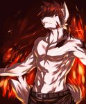  abs anthro belt biceps brown_hair canine clothed clothing fur grey_fur hair half-dressed kiba-wolf looking_at_viewer male mammal muscles pants pecs pose red_eyes solo standing toned topless wolf 