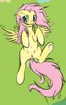  blue_eyes blush cutie_mark equine female feral fluttershy_(mlp) friendship_is_magic fur hair hieronymuswhite horse lying mammal my_little_pony on_back pegasus pink_hair pony pussy solo teats wings yellow_fur 