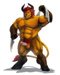  abs balls biceps bovine cattle crashb erection feline hair hooves horn humanoid_penis hybrid lion looking_at_viewer male muscles nude pecs penis plain_background pubes red_hair solo standing taoren towel white_background 