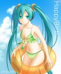  2013 aqua_eyes aqua_hair bad_id bad_pixiv_id banned_artist bikini cloud dated day happy_birthday hatsune_miku headset innertube long_hair navel sky solo swimsuit twintails very_long_hair vocaloid yuge_mugito 