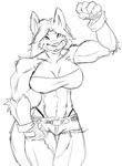  big_breasts breasts canine clothed clothing coyote female gloves jenna_stone joykill mammal muscles muscular_female plain_background shorts sketch solo thong tube_top 