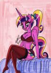  anthro anthrofied bed bow bra breasts cleavage clothed clothing cutie_mark equine eyeshadow female friendship_is_magic hair horn horse legwear lingerie makeup mammal multi-colored_hair my_little_pony newyorkx3 panties pony ponytail princess_cadance_(mlp) purple_eyes sitting solo stockings underwear winged_unicorn wings 