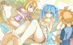  2girls aqua_eyes barefoot beek blonde_hair blue_hair bush dutch_angle feet frilled_pillow frills hair_brush hair_brushing hatsune_miku highres kagamine_len kagamine_rin legs long_hair multiple_girls nail_polish off_shoulder open_mouth panties pillow short_hair shorts sitting soles striped striped_panties stuffed_animal stuffed_toy sweatdrop toe_scrunch toenails toes towel twintails underwear upshorts very_long_hair vocaloid 