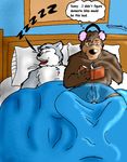  anthro bear bed boxer_briefs boxers bulge cameronwolfe canine duo english_text male mammal reading sleeping text underwear wolf 