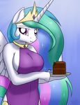  breasts cake cleavage clothed clothing crown devs-iratvs eating equine female food fork friendship_is_magic gold hair horn horse looking_at_viewer mammal multi-colored_hair my_little_pony necklace plate pony princess_celestia_(mlp) purple_eyes shirt solo sparkles standing winged_unicorn wings 