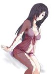  1girl black_hair bra breasts burn_scar cleavage ikezawa_hanako katawa_shoujo large_breasts lingerie long_hair negligee panties scar simple_background sitting smile underwear 