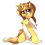  2012 brown_eyes brown_fur brown_hair equine female fur hair horn invalid_color kneeling kohtek looking_at_viewer mammal my_little_pony original_character plain_background smile solo suggestive unicorn white_background yellow_fur 