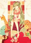  green_eyes green_hair hatsune_miku long_hair one_eye_closed pajamas persona92 plaid sitting smile solo stuffed_animal stuffed_toy twintails very_long_hair vocaloid 