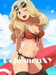  1girl beach bikini blonde_hair blue_eyes long_hair nintendo ocean pokemon pokemon_xy serena_(pokemon) smile solo sunglasses surfboard swimsuit water wink 