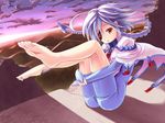  ahoge barefoot blazblue bodysuit cloud eyepatch koromia nu-13 silver_hair 