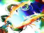  colorful detached_sleeves hatsune_miku long_hair shiinoyuko skirt sky solo twintails very_long_hair vocaloid wings 