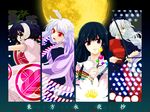  animal_ears black_hair bow_(weapon) braid bunny_ears danmaku eyelashes houraisan_kaguya inaba_tewi long_hair moon multiple_girls popoin red_eyes reisen_udongein_inaba silver_hair touhou weapon yagokoro_eirin 