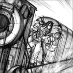  artist_request cid_highwind clawed_gauntlets final_fantasy final_fantasy_vii greyscale ground_vehicle monochrome multiple_boys panicking sketch surprised train vincent_valentine yuffie_kisaragi 