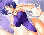  breasts competition_swimsuit copyright_request dutch_angle huge_breasts one-piece_swimsuit purple_eyes purple_hair short_hair solo swimsuit taigi_akira zoom_layer 