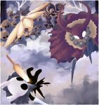 2025 2_horns absurd_res ambiguous_gender arthropod being_watched black_body black_eyes cloak clothed clothing cloud empty_eyes godseeker_(hollow_knight) group hi_res hollow_knight_(franchise) horn ink_soldier insect lepidopteran looking_at_another markoth_(hollow_knight) melee_weapon moth setting shield team_cherry the_knight_(hollow_knight) vessel_(species) weapon white_eyes wounded