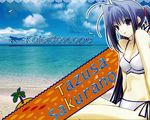  beach bikini blue_hair day ginban_kaleidoscope non-web_source official_art outdoors ponytail purple_eyes sakurano_tazusa solo suzuhira_hiro swimsuit third-party_edit tongue wallpaper 