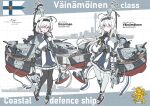  2girls absurdres ahoge anchor belt black_neckerchief black_pantyhose blue_eyes capelet commentary_request finland finnish_flag finnish_navy frilled_skirt frills full_body fur_trim hairband highres holding holding_polearm holding_weapon ilmarinen_(personification) ilmarinen_(ship) long_hair mecha_musume military multiple_girls neckerchief original pantyhose personification polearm ship_turret short_hair skirt teisei_misagi vainamoinen_(personification) vainamoinen_(ship) vehicle_and_personification very_long_hair weapon white_hair white_pantyhose 
