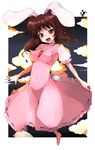  animal_ears barefoot blush breasts brown_hair bunny_ears dress fang hands inaba_tewi ippongui large_breasts open_mouth pink_dress red_eyes short_hair smile solo touhou 