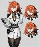  1girl black_gloves black_pantyhose bodystocking breasts closed_eyes closed_mouth fate/grand_order fate_(series) fujimaru_ritsuka_(female) galibo gloves grey_background hair_between_eyes hand_up highres holding holding_tablet_pc long_sleeves medium_breasts medium_hair multiple_expressions open_mouth orange_hair pantyhose simple_background smile tablet_pc yellow_eyes 