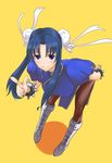  bent_over blue_hair boots bracelet bun_cover china_dress chinese_clothes chun-li chun-li_(cosplay) cosplay double_bun dress haioman highres jewelry kawashima_ami knee_boots long_hair pantyhose pelvic_curtain purple_eyes solo spiked_bracelet spikes street_fighter toradora! 