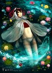  afloat bad_id bad_pixiv_id beatmania brown_hair facepaint fish flower green_eyes highres lily_pad lotus lying marukuto midriff multicolored_hair navel on_back siro solo water 