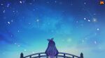  1girl arch_bridge artist_request ayanokouji_kanna back_bow bad_source blue_sky bow bridge cherry_blossoms cool_colored floral_print_bow from_behind hairband highres japanese_clothes kimono long_hair maplestory maplestory_m negative_space nexon night night_sky official_art outdoors pink_petals purple_bow purple_hairband second-party_source shooting_star sky solo star_(sky) straight_hair very_long_hair white_kimono 