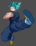  1boy blue_eyes blue_hair blue_pants blue_sash blue_shirt boots commentary_request dragon_ball dragon_ball_super earrings full_body gloves grey_background highres jewelry kawasemi1367295 kicking male_focus medium_hair muscular orange_shirt pants potara_earrings sash shirt simple_background smirk solo spiked_hair super_saiyan super_saiyan_blue vegetto white_boots white_gloves 