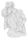  2boys absurdres adam's_apple anaxa_(honkai:_star_rail) antenna_hair artist_name blush closed_eyes collared_shirt commentary french_kiss greyscale hashtag-only_commentary highres honkai:_star_rail honkai_(series) invisible_chair kiss long_hair lv_minus999 male_focus monochrome multiple_boys neck_tattoo pants phainon_(honkai:_star_rail) pocket shirt shirt_tucked_in short_hair simple_background sitting standing sun_symbol sun_tattoo tattoo white_background yaoi 