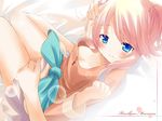  bad_id bad_pixiv_id blue_eyes blush breasts cleavage downblouse esia_mariveninne from_above hug komone_ushio legs long_hair medium_breasts original pink_hair solo_focus 