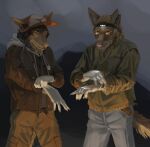 anthro black_background bleak_ambiance blue_eyes brown_body brown_fur bulge canid canine canis clothing coat coyote duo elderly_anthro elderly_male eyes_closed eyewear front_view frown fur glasses gloves grey_background handwear headlight hi_res jacket kaltag1925 latex latex_clothing latex_gloves latex_handwear male male_anthro mammal medical_gloves medical_instrument multicolored_body multicolored_fur sad scientific_instrument simple_background standing stethoscope topwear upset wearing_glasses