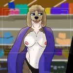 1:1 almost_caught anthro barkbeast bedding blanket blep blue_eyes brown_body brown_fur camera canid canine canis clothing covering covering_self curled_fur domestic_dog female flashing flashing_breasts fur hi_res lyra_(barkbeast) mammal mostly_nude nipples offscreen_character panties pink_nipples poodle public public_nudity recording simple_background solo supermarket tan_body tan_fur tongue tongue_out toony underwear white_body white_fur worried