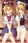  alice_margatroid blonde_hair cherry_blossoms closed_eyes hair_ribbon hairband happy hat kirisame_marisa mizuse_kiseki multiple_girls ribbon short_hair sitting touhou yellow_eyes 