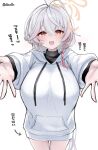  1girl :d alternate_costume black_shirt blue_archive blush braid breasts commentary cowboy_shot eri_(blue_archive) grey_hair halo highres hood hood_down hoodie incoming_hug large_breasts long_hair looking_at_viewer nibo_shia open_mouth orange_eyes reaching reaching_towards_viewer shirt side_braid simple_background smile solo thighs translation_request twitter_username very_long_hair white_background white_hoodie yellow_halo 