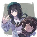  1girl beret black_hair blunt_bangs book_off border cardigan character_doll cifu_dai_mao closed_mouth doll green_background green_hat grey_eyes hashtag-only_commentary hat incoming_object jewelry kurobe_nanoka long_hair long_sleeves looking_at_viewer low_twintails mahou_shoujo_no_majo_saiban necklace official_alternate_costume official_alternate_hairstyle shirt solo throwing twintails white_border white_shirt 