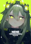  1girl absurdres alternate_eye_color close_game/offline_(project_sekai) commentary_request double-parted_bangs glowing glowing_eye green_background green_eyes green_hair hair_between_eyes hair_flaps hair_ornament highres kusanagi_nene long_hair looking_at_viewer official_alternate_costume official_alternate_hairstyle parted_lips project_sekai robot_ears sparkle straight_hair yuuyu_(moco20111115) 