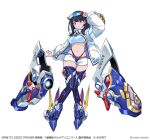  1girl arm_up black_hair black_panties black_thighhighs blue_eyes breasts closed_mouth copyright_notice dolphin_shorts eyewear_on_head goggles goggles_on_head gridman_universe highleg highleg_panties jacket leg_armor long_hair long_sleeves mecha_musume medium_breasts midriff navel official_art open_clothes open_jacket panties promotional_art short_shorts shorts simple_background smile ssss.gridman stomach takarada_rikka thighhighs underwear white_background white_jacket white_shorts 
