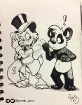 anatid anseriform anthro artist_logo avian bear bird cheek_tuft clothed clothing disney duck duo facial_tuft featureless_crotch front_view giant_panda logo male male_anthro mammal monochrome mouth_closed nude pandapaco parinton scrooge_mcduck signature standing tuft