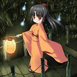  bad_id bad_pixiv_id black_hair child demon_girl ghost hitodama horn japanese_clothes kimono lantern long_hair okina_ika oni orange_kimono original paper_lantern ponytail red_eyes solo tabi 