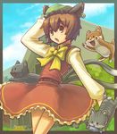  animal_ears brown_eyes brown_hair cat cat_ears cat_tail chen dress earrings fish hat jewelry multiple_tails nakune paw_print short_hair solo tail touhou 