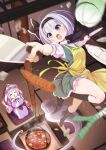  2girls alternate_color apron artist_name ascot black_ascot black_hairband black_ribbon black_socks bowl carrot chef_hat chopsticks closed_mouth clothes_writing collared_shirt commentary_request cooking cooking_pot cushion cutting dual_wielding food frilled_kimono frilled_skirt frills futa_(nabezoko) green_vest grey_eyes grey_hair hairband hat highres hitodama holding holding_bowl holding_chopsticks holding_knife holding_ladle indoors japanese_clothes kimono kneehighs knife konpaku_youmu konpaku_youmu_(ghost) ladle mob_cap multiple_girls mushroom neck_ribbon open_mouth pink_hair puffy_short_sleeves puffy_sleeves purple_hat purple_kimono ribbon saigyouji_yuyuko seiza shirt short_sleeves sitting skirt skirt_set smile socks spring_onion steam stew tatami touhou triangular_headpiece vest watermark white_shirt yellow_apron zabuton 